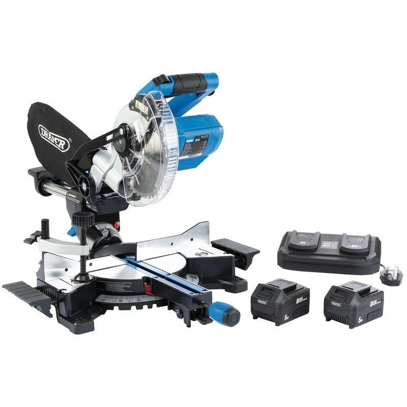 Draper 99765 D20 20V Brushless 185mm Sliding Compound Mitre Saw Kit (+2 x 5Ah Batteries and Twin Charger) - Image 1