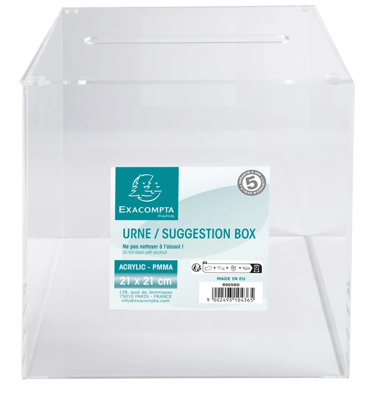 Exacompta - Crystal Acrylic Suggestion Box with Lid - 210x210x210mm, Hinged Lid with Hole, 5 Year Warranty