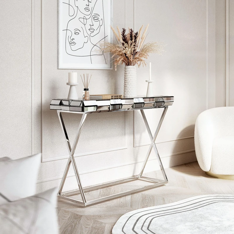 CARME Knightsbridge Collection - Grey Luxury Mirrored Console Table - 3D Glass Effect - Chrome Crossed - Bedroom - Living Room - Hallway