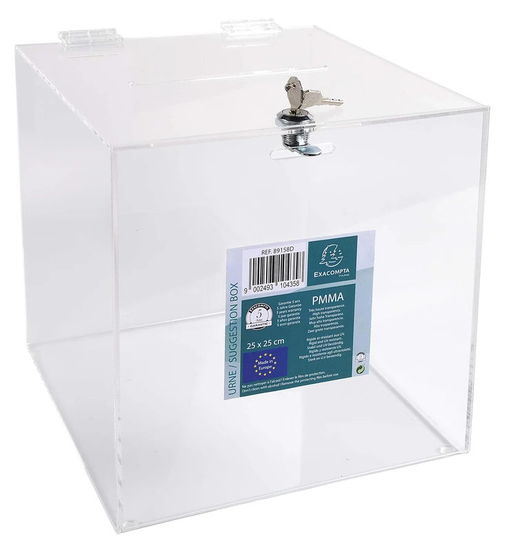 Exacompta - Ref 89158D - Lockable Suggestion Box with Lid and Key - 250 x 250 x 250mm in Size, High Quality, PMMA (Acrylic) Material, Hinged Lid - Transparent