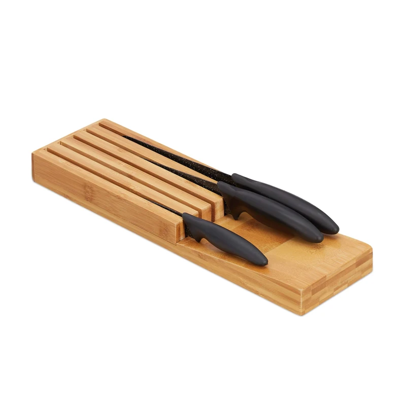 Relaxdays Bamboo Knife in-Drawer Block, Storage for 5 Knives, Kitchen, Tabletop Organiser, 3.5 x 11 x 39 cm, Natural