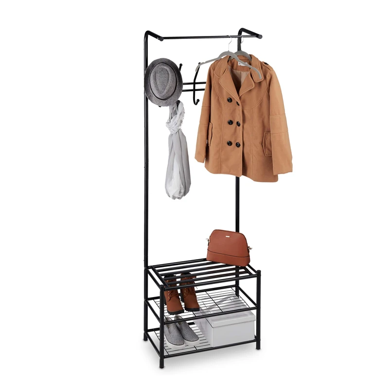 Relaxdays Coat Stand with Shoe Rack, Freestanding, Hallway Storage, Metal, H x W x D: 183 x 61 x 34 cm, Black