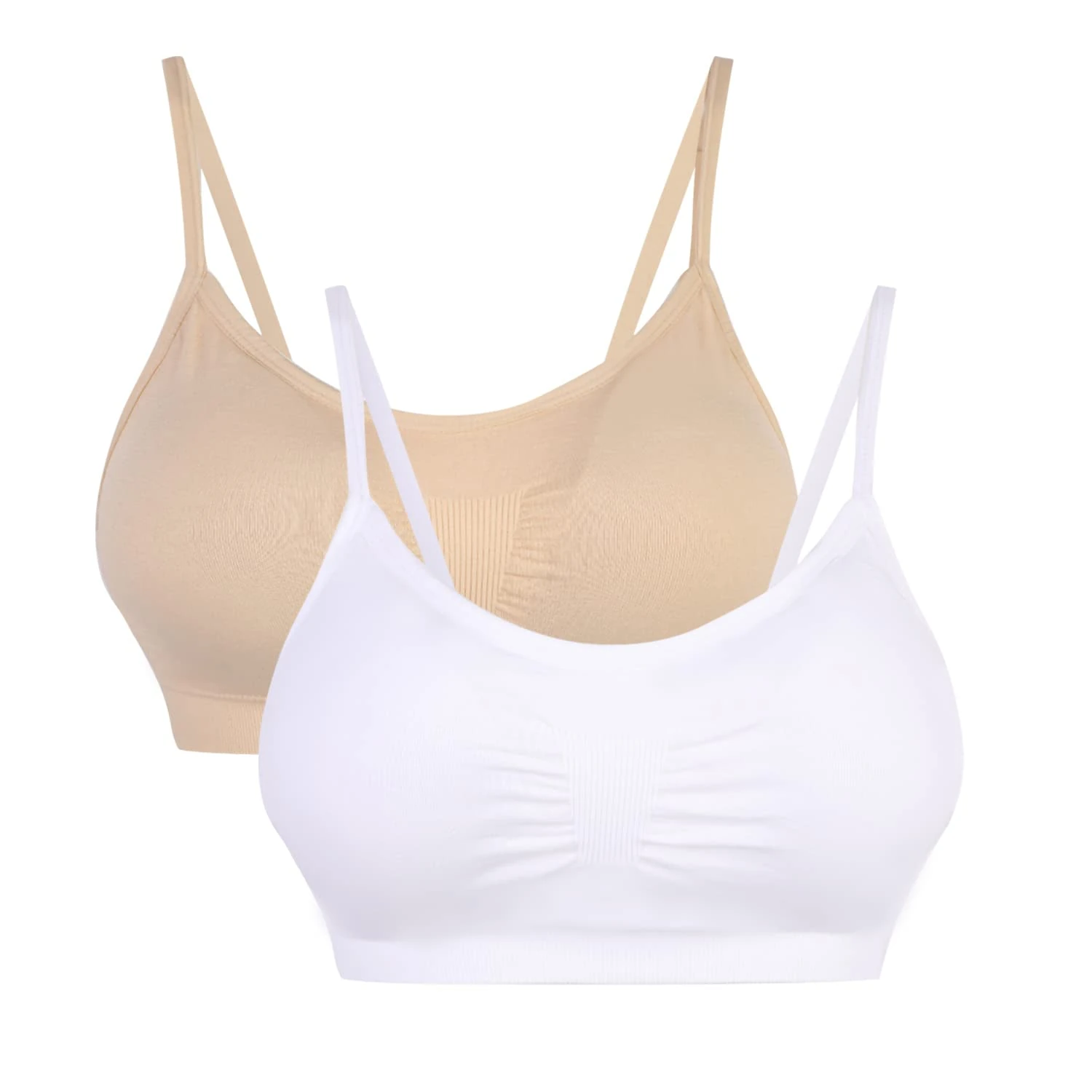 Vertvie Women's Sports Bra Wirefree Seamless Padded Yoga Bra Strap Camisole Short Tank Tops 2/3/6 Pack(2 Pack- White+ Skin,Tag XL/UK L)