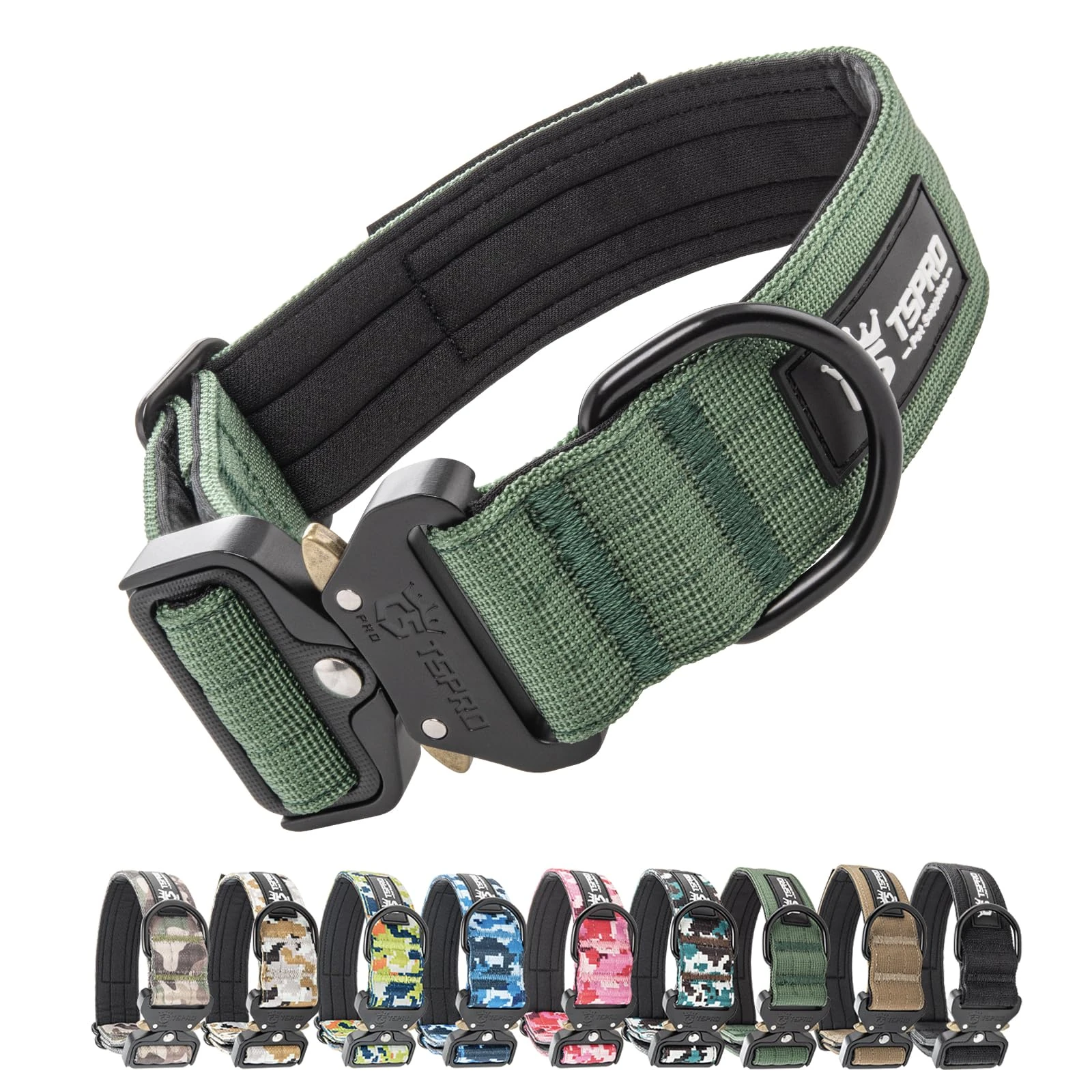 TSPRO Premium Dog Collar with Patch and Heavy Duty Quick Release Metal Buckle, Durable, Adjustable and Thick Dog Collars for Medium to Large Dogs (Green M)