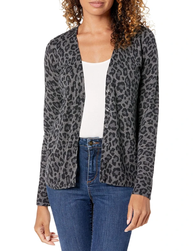 Amazon Essentials Women's Lightweight V-Neck Cardigan Jumper (Available in Plus Size), Charcoal Heather Animal, L