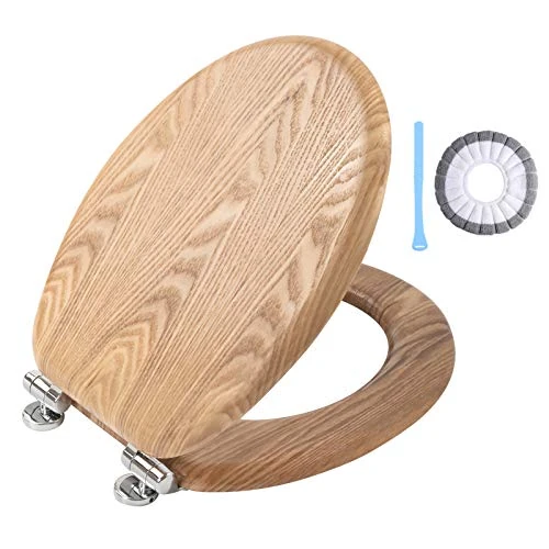Angel Shield Antibacterial Wooden Soft Close Toilet Seat with Quick Release Adjustable Hinges Toilet Seat Easy Clean and Assembly for Bathroom (Oak-D)