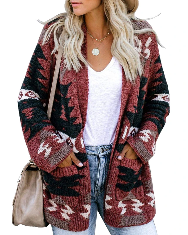 Ferbia Women Boho Cardigan Aztec Open Front Loose Slouchy Sweaters Tribal Long Sleeve Knitted Jacket Coat with Pockets - Red - Large
