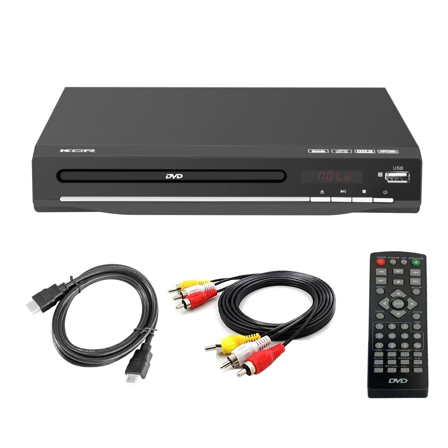 KCR DVD Player, DVD/CD/MP3/AVI with USB port, HDMI and AV output (HDMI and AV cable included), Remote Control,Region Free,Black