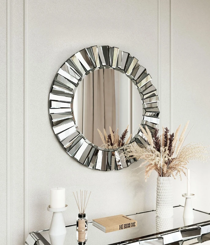 CARME Knightsbridge - Luxury Large Round Wall Mirror Bevelled Decorative 3D Mirrored Glass Effect Design for Bedroom Living Room Hallway Bathroom Modern Home Decor 80cm Mounted Vanity (Grey Silver)