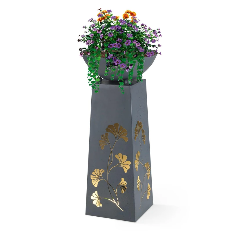 Hoberg LED Plant Column Ginkgo Leaf Design in Concrete Look Removable Plant Bowl (Diameter 34 cm) Suitable for Indoor and Outdoor Use Integrated Lighting, 6 Hour Timer, Wireless [23 x 23 x 70 cm]