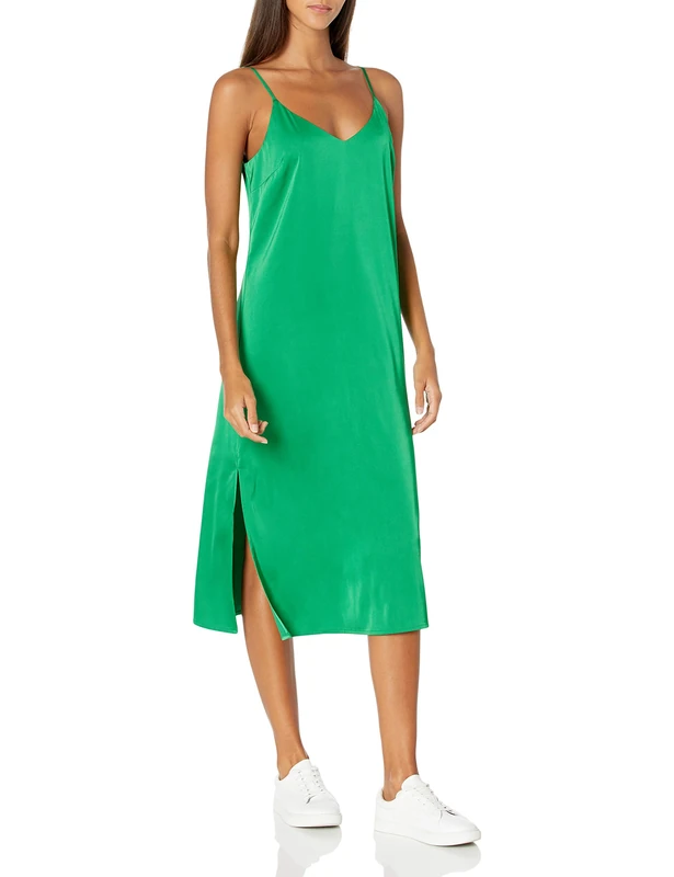 The Drop Women's Ana Silky V-Neck Midi Slip Dress, Emerald, XXL