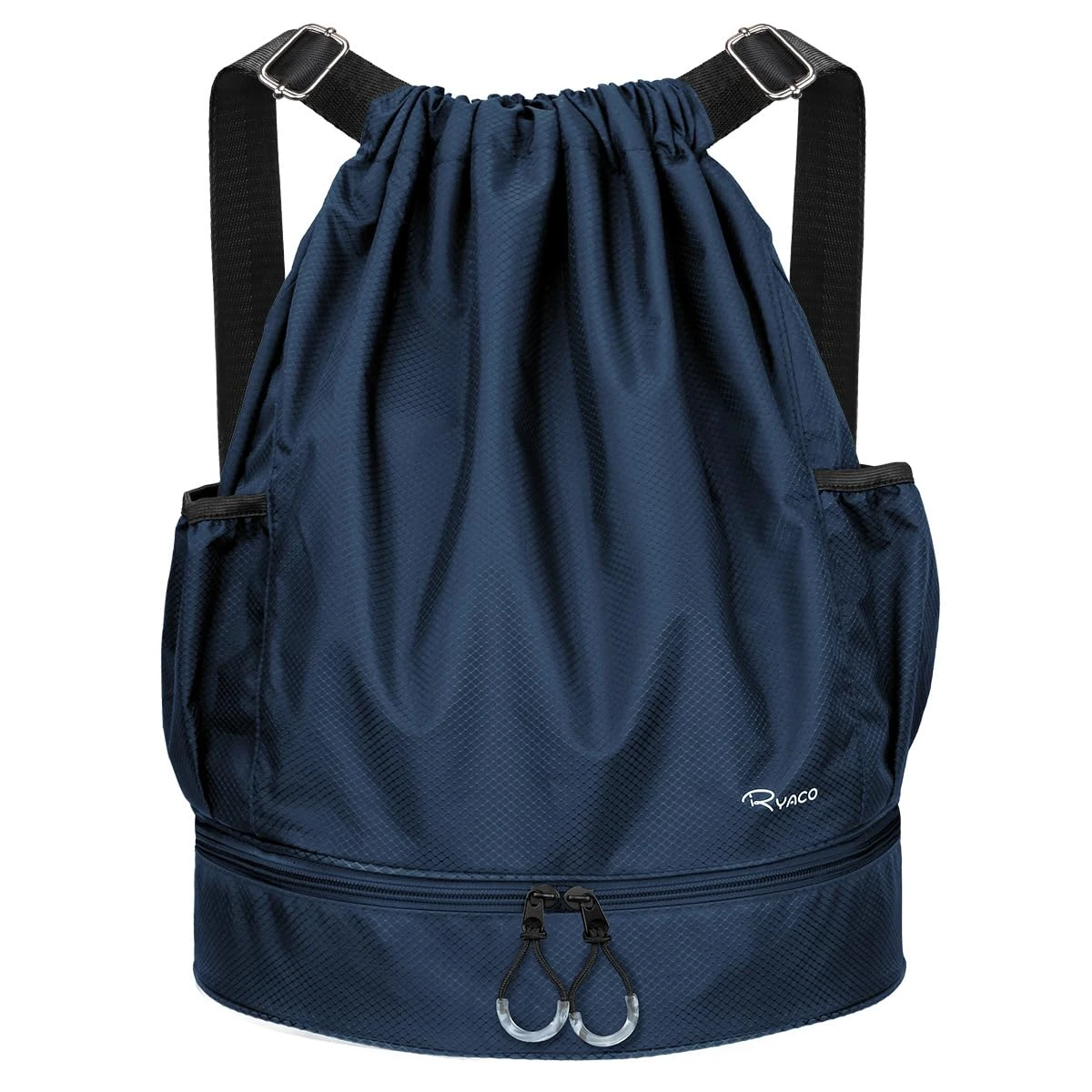 RYACO Drawstring Backpack Sports Gym Bag, Water Resistant String Sackpack Large Size with Zipper and Water Bottle Mesh Pockets for Gym Shopping Sport Yoga School Swimming Beach