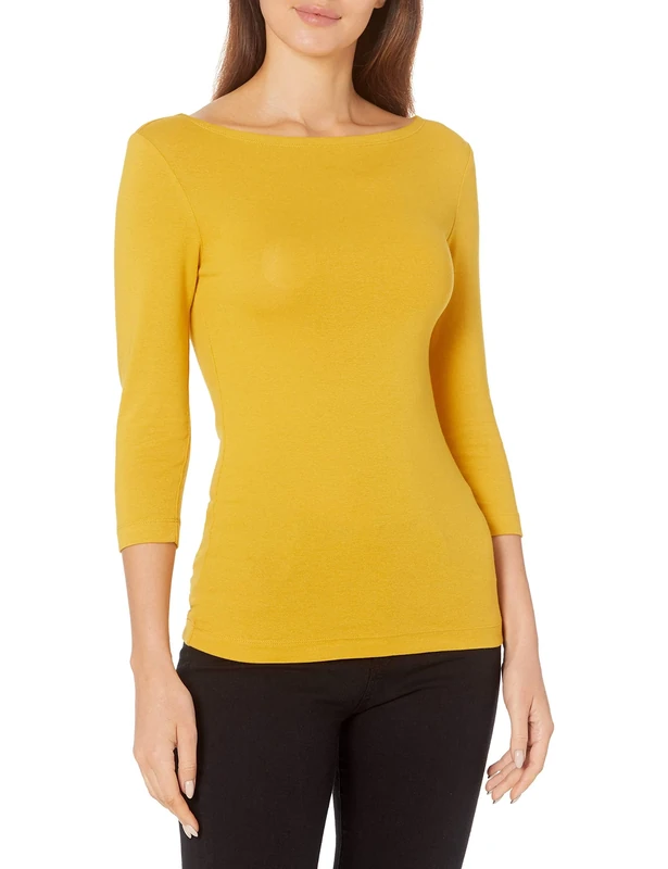 Amazon Essentials Women's Slim-Fit 3/4 Sleeve Solid Boat Neck T-Shirt, Dark Golden Yellow, M