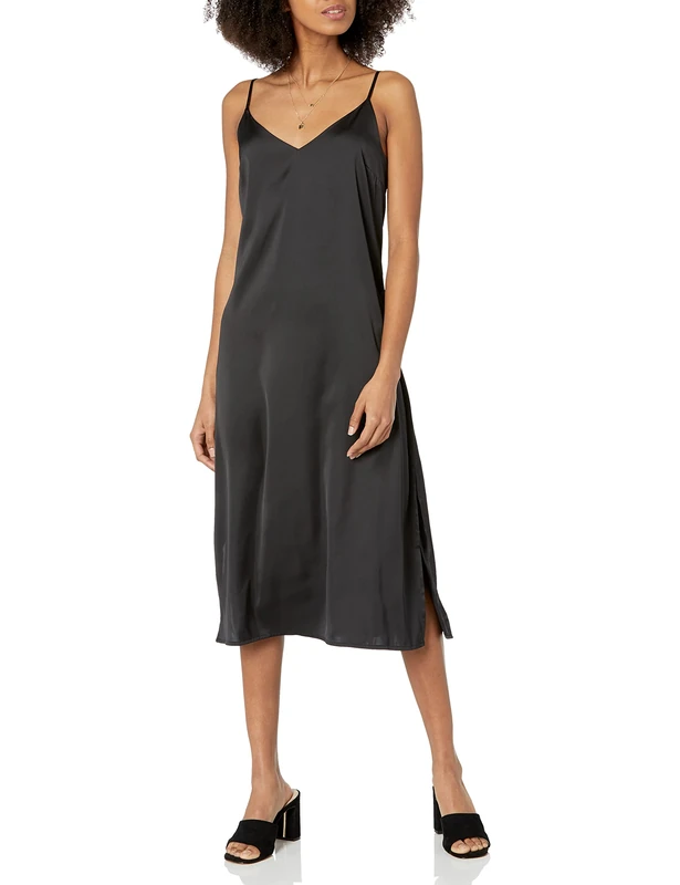 The Drop Women's Ana Silky V-Neck Midi Slip Dress, Black, 3XL Plus