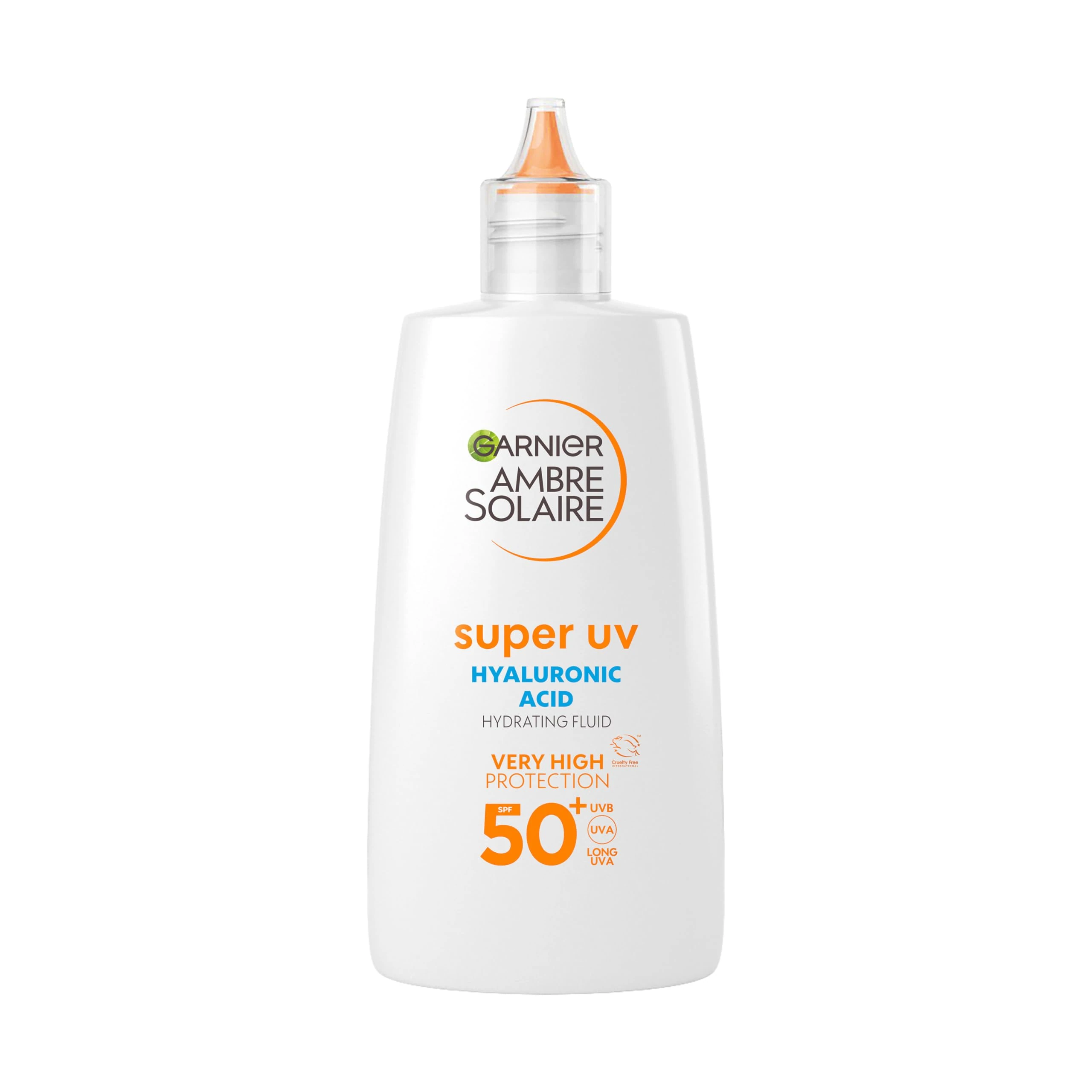 Garnier Ambre Solaire Super UV Hyaluronic Acid Hydrating Fluid, SPF 50+, UV Protection, 24H Hydration, Enriched with 3% Glycerine & Vitamin E, Invisible Finish, Non-Greasy, Non-Sticky