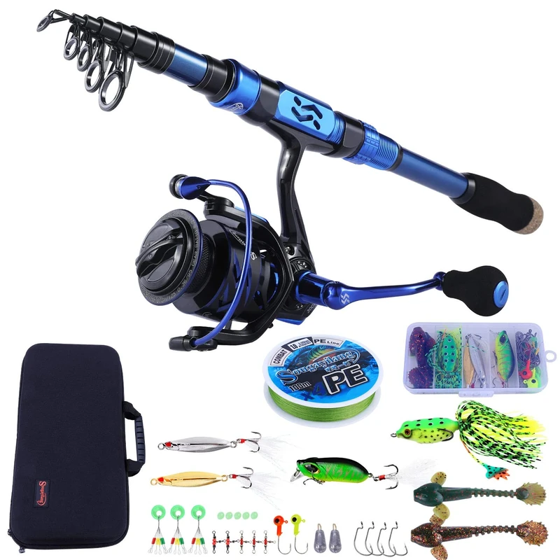 Sougayilang Fishing Rod and Reel Combos - Carbon Fiber Telescopic Fishing Pole - Spinning Reel 12 +1 BB with Carrying Case for Saltwater and Freshwater Fishing Gear Kit(Blue 6.89ft-3000)