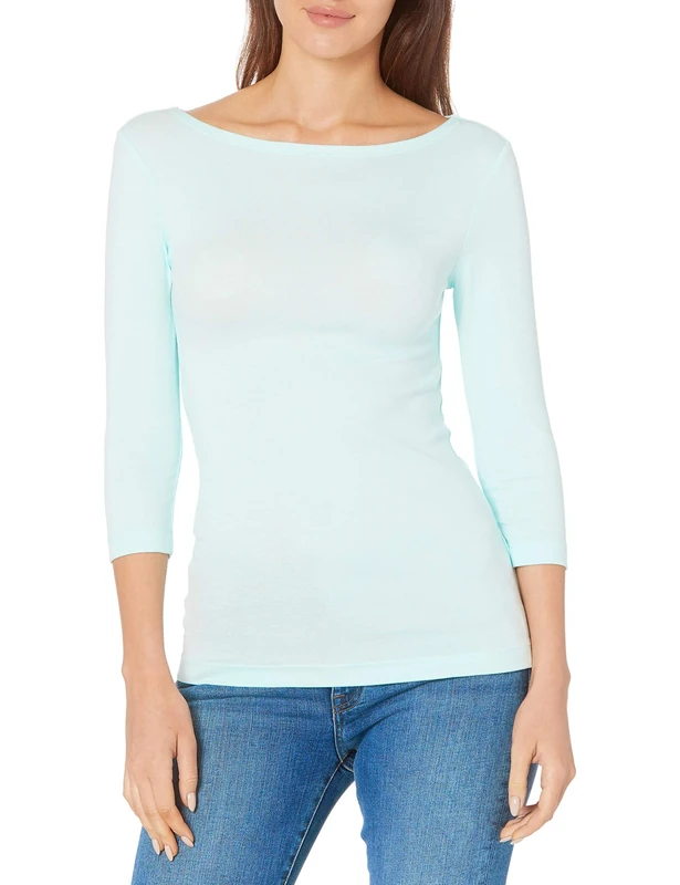 Amazon Essentials Women's Slim-Fit 3/4 Sleeve Solid Boat Neck T-Shirt, Aqua Blue, M