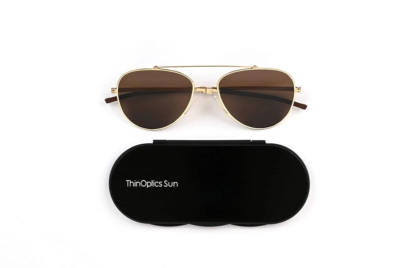 ThinOptics Pilot Style Sunglasses - Mirrored Polarised Brown Lenses With Gold Frames Unisex Sun Glasses With Aluminium Case - Image 1