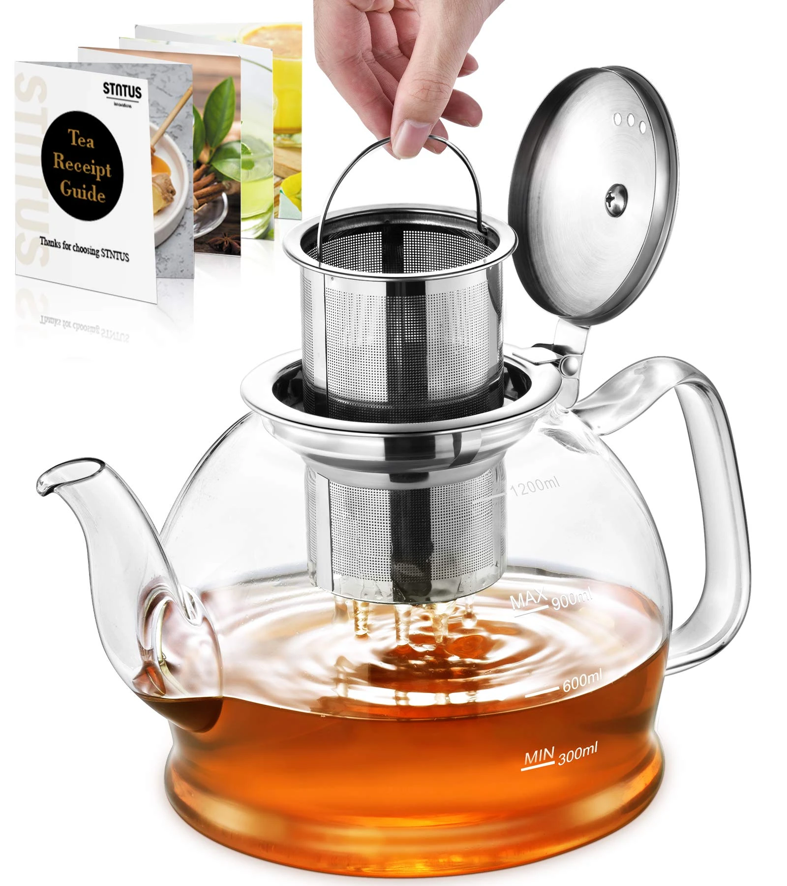 Glass Teapot, 1200 ml Tea Pot, STNTUS Glass Teapot with Infuser, Tea Pot Infusers for Loose Tea, Borosilicate Teapots with Strainer, Teapot for 4-6 Cups