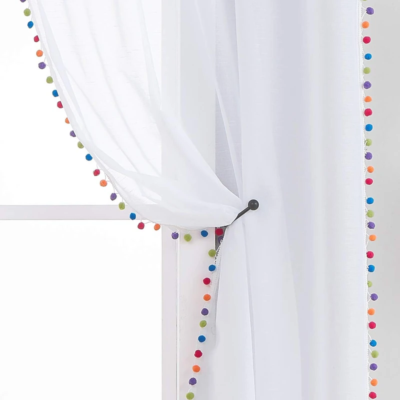 Treatmentex Sheer White Curtains with Multi-Color Pom-Pom Sheer Curtains for Toddler 84" Long Linen Textured Decorative Nursery Room Window Drape 52" in 1Pair