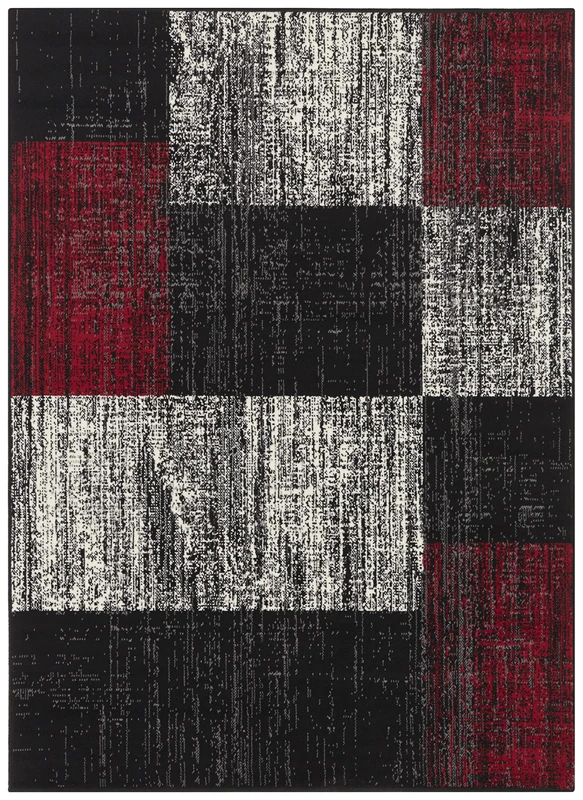 Hanse Home Design Short Pile Rug Block Checked Mottled Checked Plates Look Geometric Pattern for Bedroom, Living Room, Children's Room, Office - Black/Red, 160 x 220 cm - Image 1