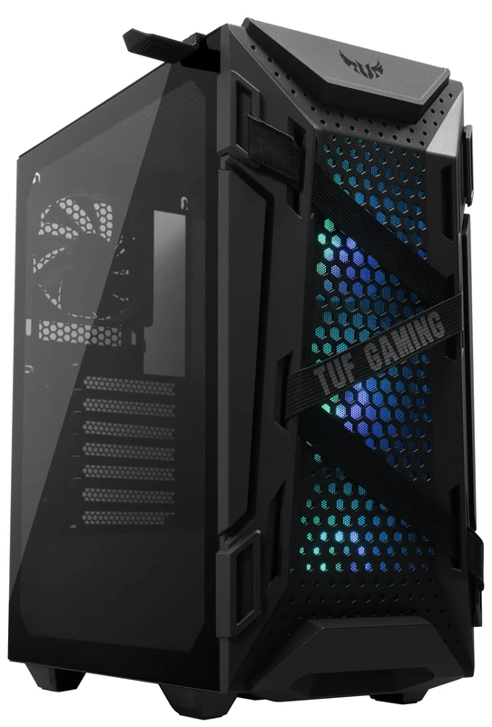 ASUS TUF Gaming GT301 ATX mid-tower compact case with tempered glass side panel, honeycomb front panel, 120mm AURA Addressable RGB fan, headphone hanger and 360mm radiator support.