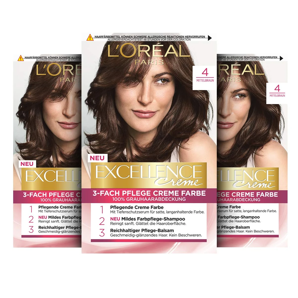 L'Oréal Paris Excellence Cream Permanent Hair Colour, 100% Grey Hair Coverage, Hair Dye Set with Colouration, Shampoo and Triple Care Cream, 4 Medium Brown, 3 x 268 g