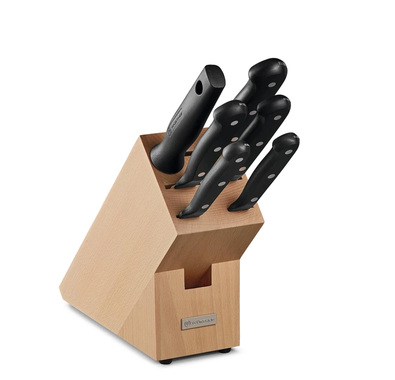 Wüsthof Messerblock 6-teilig, Gourmet (1095070601), massiver Holzblock, Helle Buche, Küchenmesser Set INKL. 5 Kochmesser und 1 Wetzstahl