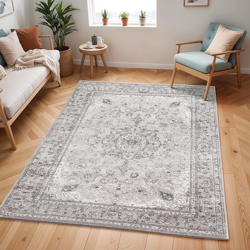 Livabliss Sanvi Hergla Vintage Style Floor Covering 200x275 cm – Scandi Neutral Traditional Pattern for Living Room, Hallway & Bedroom, Easy Care, Charcoal, Grey & White - Image 1