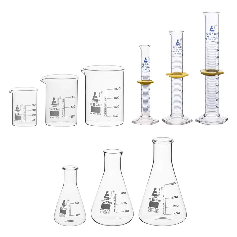 Eisco Chemistry Lab Glassware Set, 9 Pieces - Includes 3 Beakers, 3 Erlenmeyer Flasks & 3 ASTM, Class A Graduated Cylinders - Borosilicate 3.3 Glass – Labs