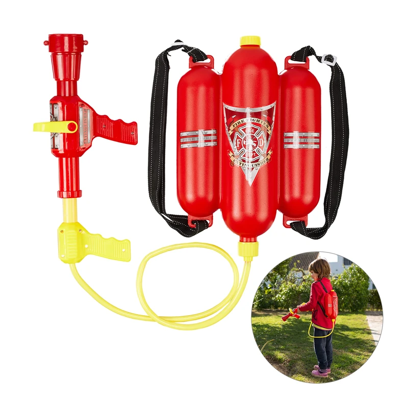 Relaxdays Firefighter Water Blaster, 2.5 L Tank, 5 m Range, 2 Spray Modes, Toy Extinguisher Hose & Backpack, Red/Yellow