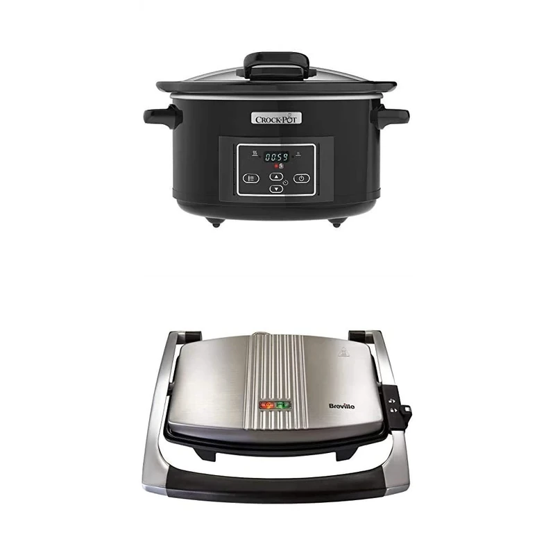 Breville Sandwich/Panini Press and Toastie Maker, 3-Slice + Serve Digital Slow Cooker with Hinged Lid and Programmable Countdown Timer, 4.7 Litre