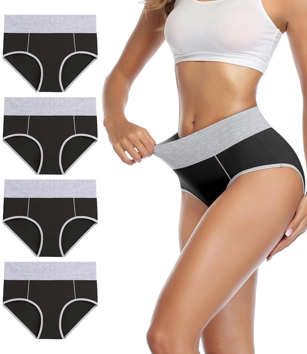 wirarpa Underwear Women High Waist Cotton Knickers Ladies Panties Full Coverage Briefs Underpants Plus Size Black 4 Pack L