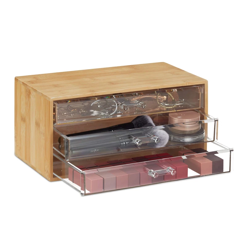 Relaxdays Bamboo Makeup Organiser, 3 Transparent Drawers, Cosmetics, Jewellery, H x W x D: 15 x 30 x 17.5 cm, Natural