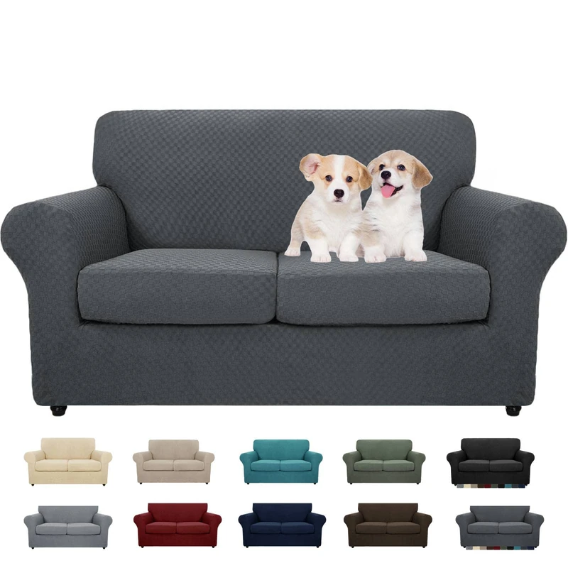 MAXIJIN 3 Piece Newest Jacquard Couch Covers for 2 Cushion Couch Stretch Non Slip Love Seat Couch Cover for Dogs Pet Friendly Elastic Furniture Protector Loveseat Slipcovers (Loveseat, Dark Gray)