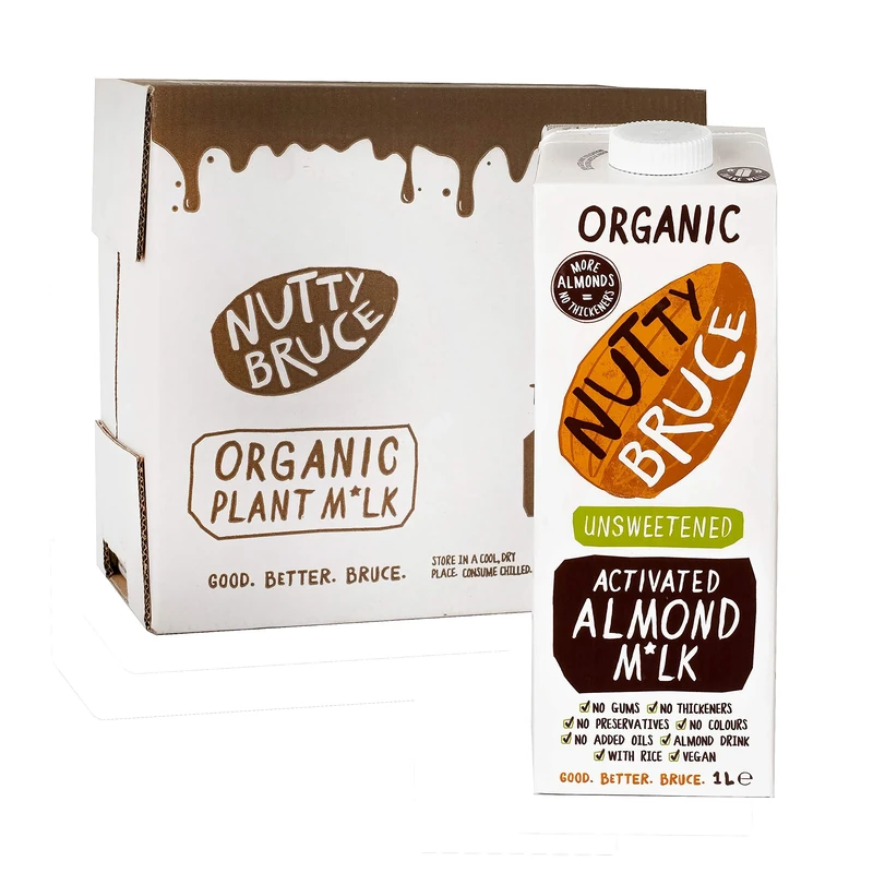Nutty Bruce - Unsweetened Activated Almond Milk - Certified Organic & Vegan Alternative Milk, No Preservatives, Colours or Added Oils, Lactose Free, Dairy Free, Soy Free - 6 pack x 1L