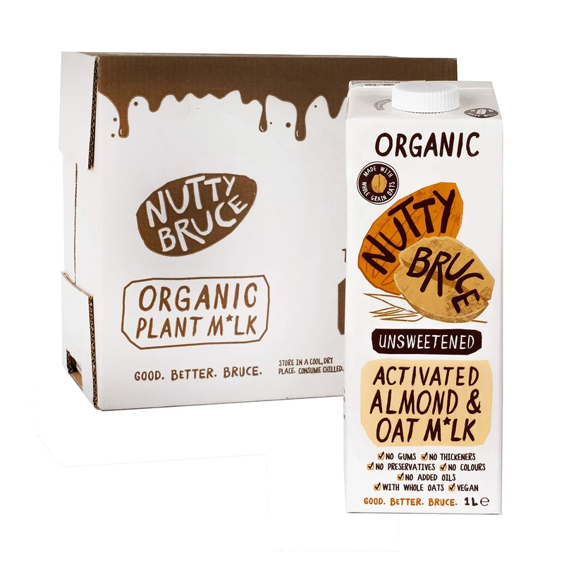Nutty Bruce - Unsweetened Activated Oat & Almond Milk - Certified Organic & Vegan Alternative Milk, No Preservatives or Added Oils, Lactose Free, Dairy Free, Soy Free - 6 pack x 1L