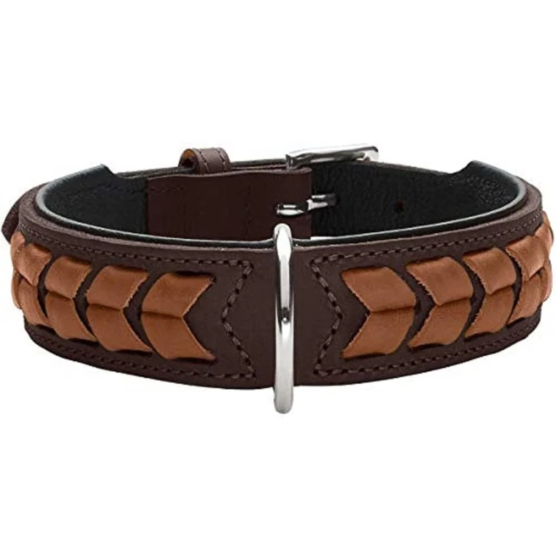 HUNTER EL PASO Dog Collar Leather Supple Braided 60 (M-L), Dark Brown/Black