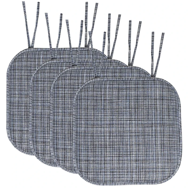 Sweet Home Collection Chair Cushion Memory Foam Pads with Ties Honeycomb Pattern Slip Non Skid Rubber Back Rounded Square 16" x 16" Seat Cover, 4 Pack, Aria Blue/Black