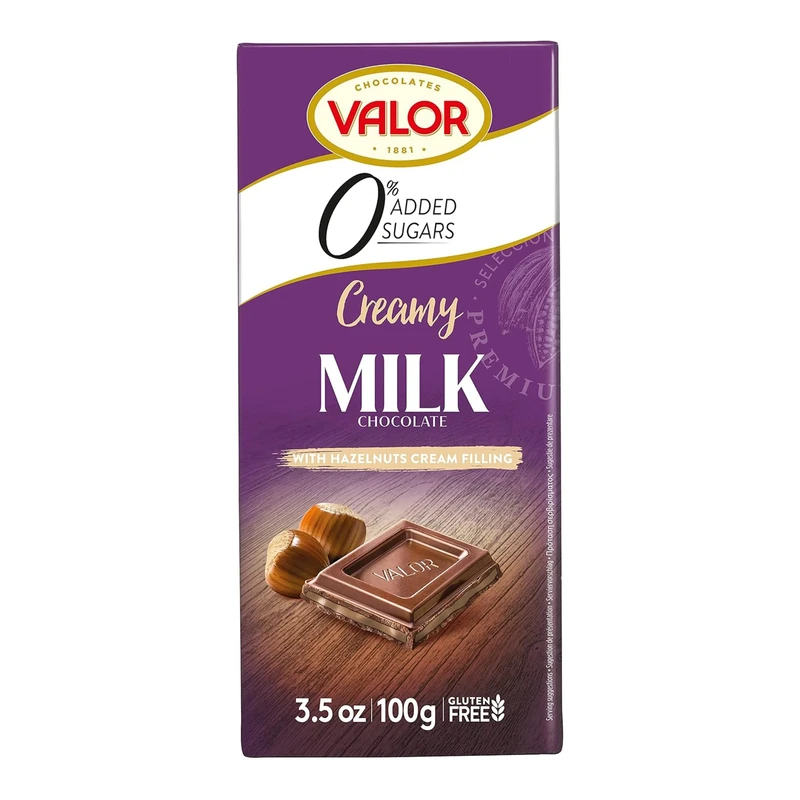 Valor Sugar Free Milk Chocolate Bar - Milk and Hazelnut Cream Diabetic Chocolate Bar - Fine Cocoa, Sweetened with Stevia, Gluten Free, by Master Chocolatiers - All the Pleasure Sugar-Free, 100g Bar