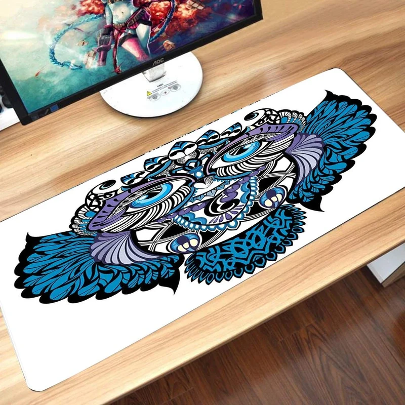 Gaming Mouse Mat, Rubber Base, Tribal, Owl, Bird, Animal with Paisley Tattoo Design with Large Eyelash, Desk Mat, Wipe-Clean, Non-Slip Mat, Multifunctional Office Mouse Mat, 60 x 35 cm