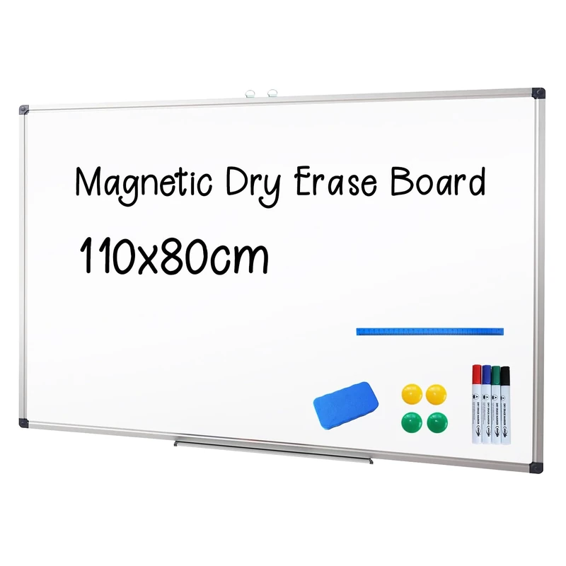 XIWODE Magnetic Dry Erase Board, Wall Mounted Whiteboard, 110 x 80cm, Lightweight White Board, Erase Board Silver Aluminium Framed with Lacquered Steel Surface