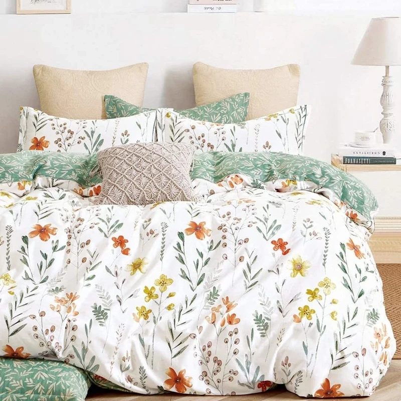 SLEEPBELLA Queen Size Comforter Set Yellow Flowers & Green Botanical Pattern Printed on White 100% Cotton Fabric, Ultra Soft Microfiber Inner Fill 3Pcs Bedding Set