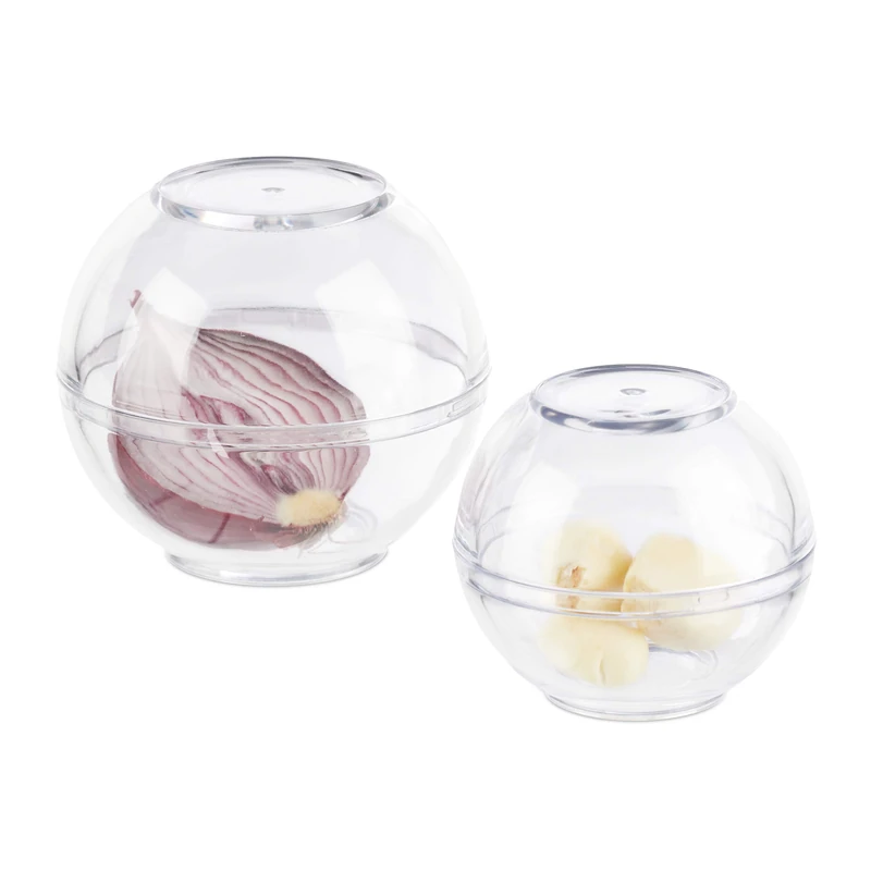 Relaxdays Plastic Food Container, Set of 2 Bowls, Fresh Storage Box, Fridge, Garlic, Onion, 7 & 9 cm Ø, Transparent - Image 1