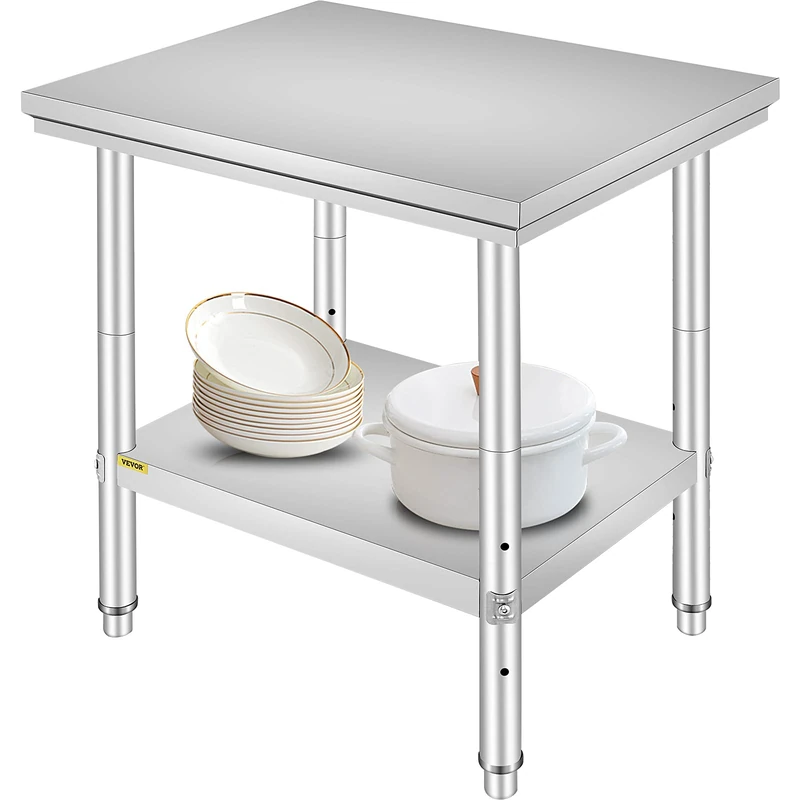 VEVOR Kitchen Work Table, Stainless Steel, 60 x 76 x 80 cm, Worktop Kitchen on 2 Levels, Stainless Steel Work Table for Preparing Food, Hotels, Offices, Hospitals