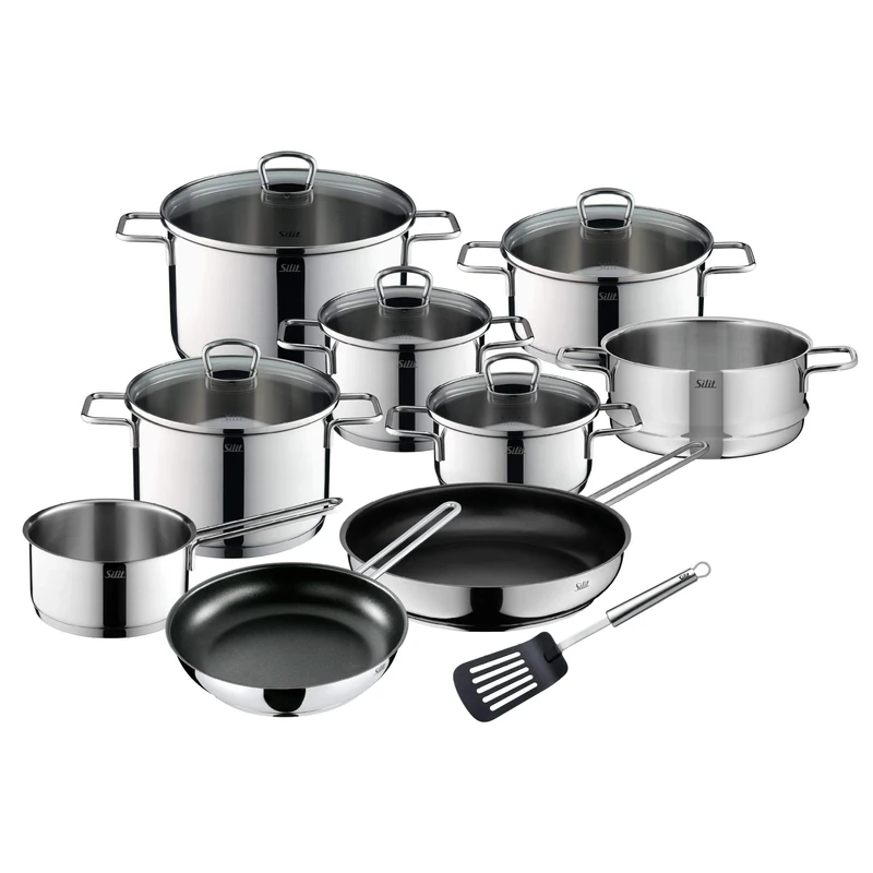 Silit Alicante 10-Piece Induction Cooking Pot Set with Glass Lid, Polished Stainless Steel, Induction Pots Set, Uncoated, Transparent, Silver