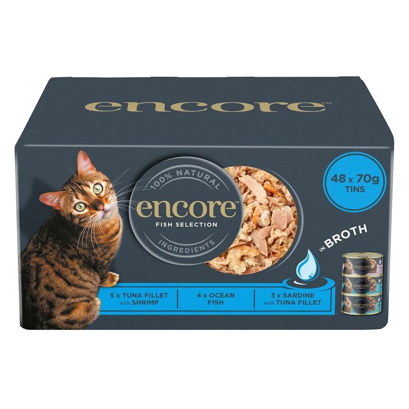 Encore 100% Natural Wet Cat Food Multipack Fish Selection in Broth 4 x 12 x 70g (Total 48 Tins)