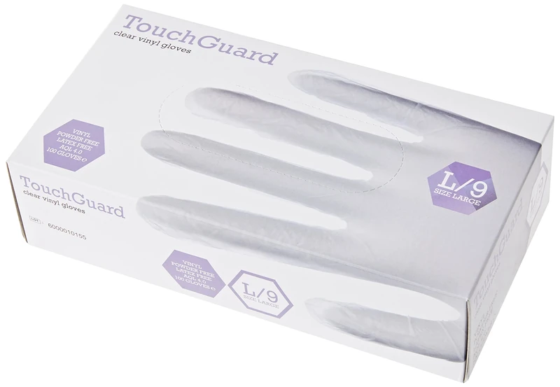 TouchGuard Clear Vinyl Disposable Gloves, Powder-Free, Box of 10*100, Large