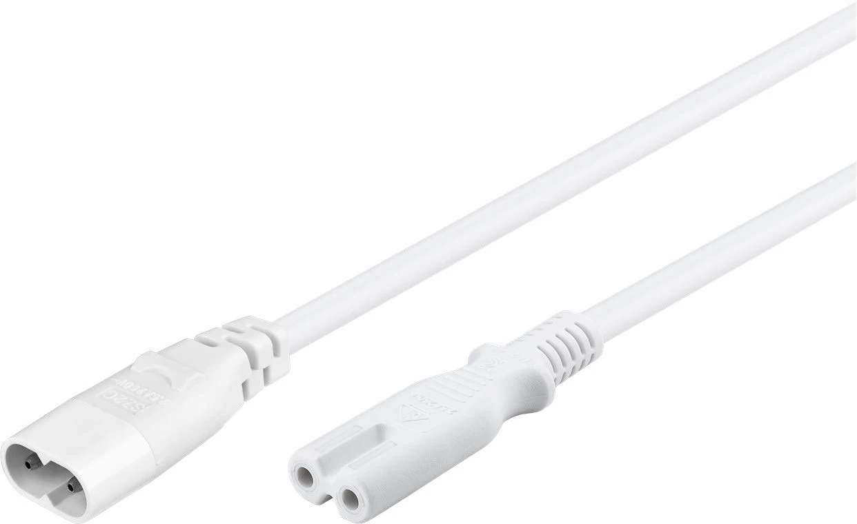 electrosmart 2m IEC C7 Figure 8 Extension Lead Power Cable – C8 Male Plug to C7 Female Jack Socket (White)