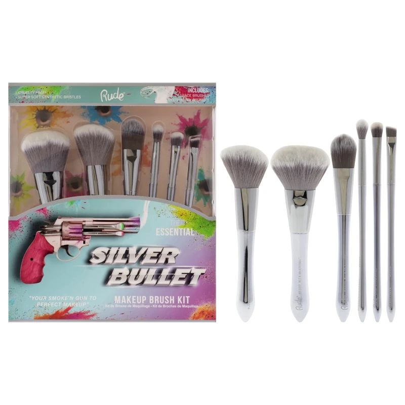 Silver Bullet Makeup Brush Kit by Rude Cosmetics for Women -6Pc Beretta Powder Brush,Glock Blush Brush,Remington Foundation Brush,Shotgun Eyeshadow Brush,Revolver Blending Brush,Browning Angled Liner - Image 1